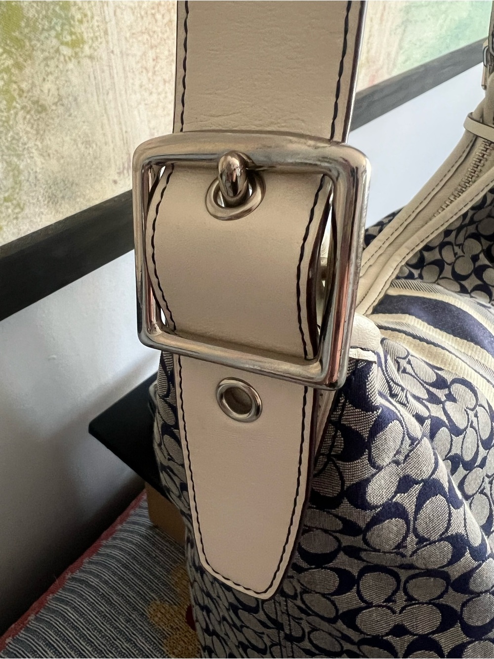 Coach Signature Canvas Stripe Hobo Duffle Bag in Navy and White - Picture 6 of 16